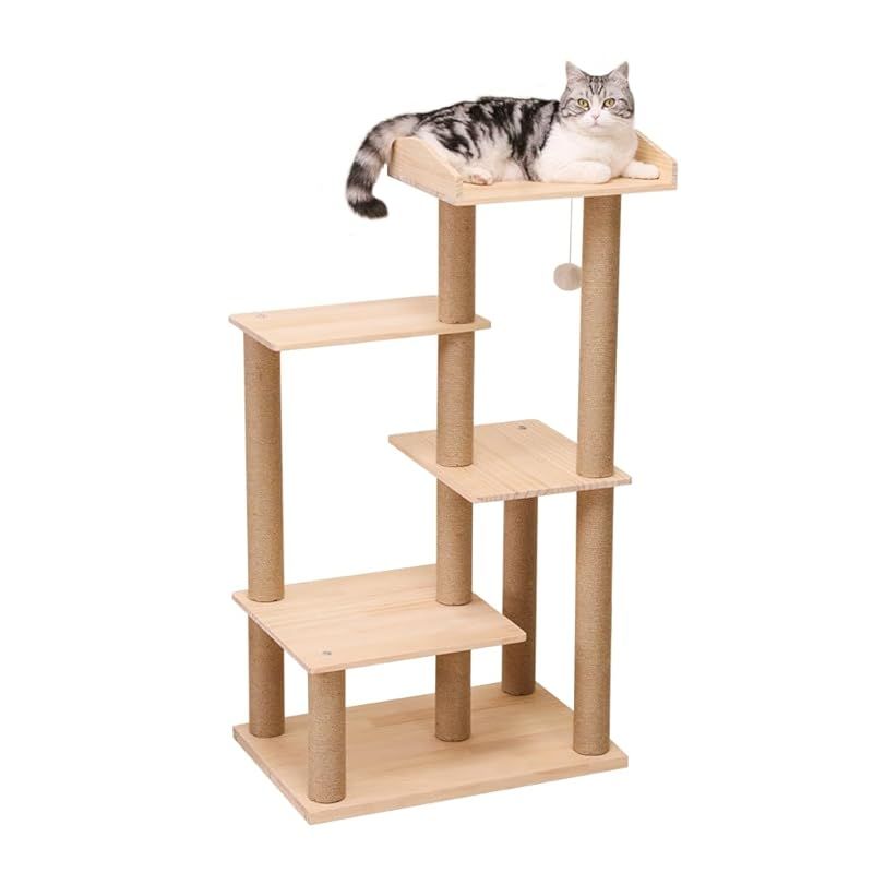 PETTIFUL キャットタワー 据え置き 木製 スリム おしゃれ 多頭飼い 大型猫 パイン材 無垢材 木登り 天然木 キャットツリー コンパクト高さ112cm 重厚感 面取り加工 省スペース コーナー インテリア性 シニア猫 成猫 子猫 猫タワー キャッ 0