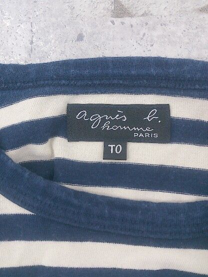 ◇ agnes b. HOMME アニエスベー オム ボーダー 長袖 Tシャツ カットソー サイズTO ベージュ系 ネイビー メンズ  【1002800823819】