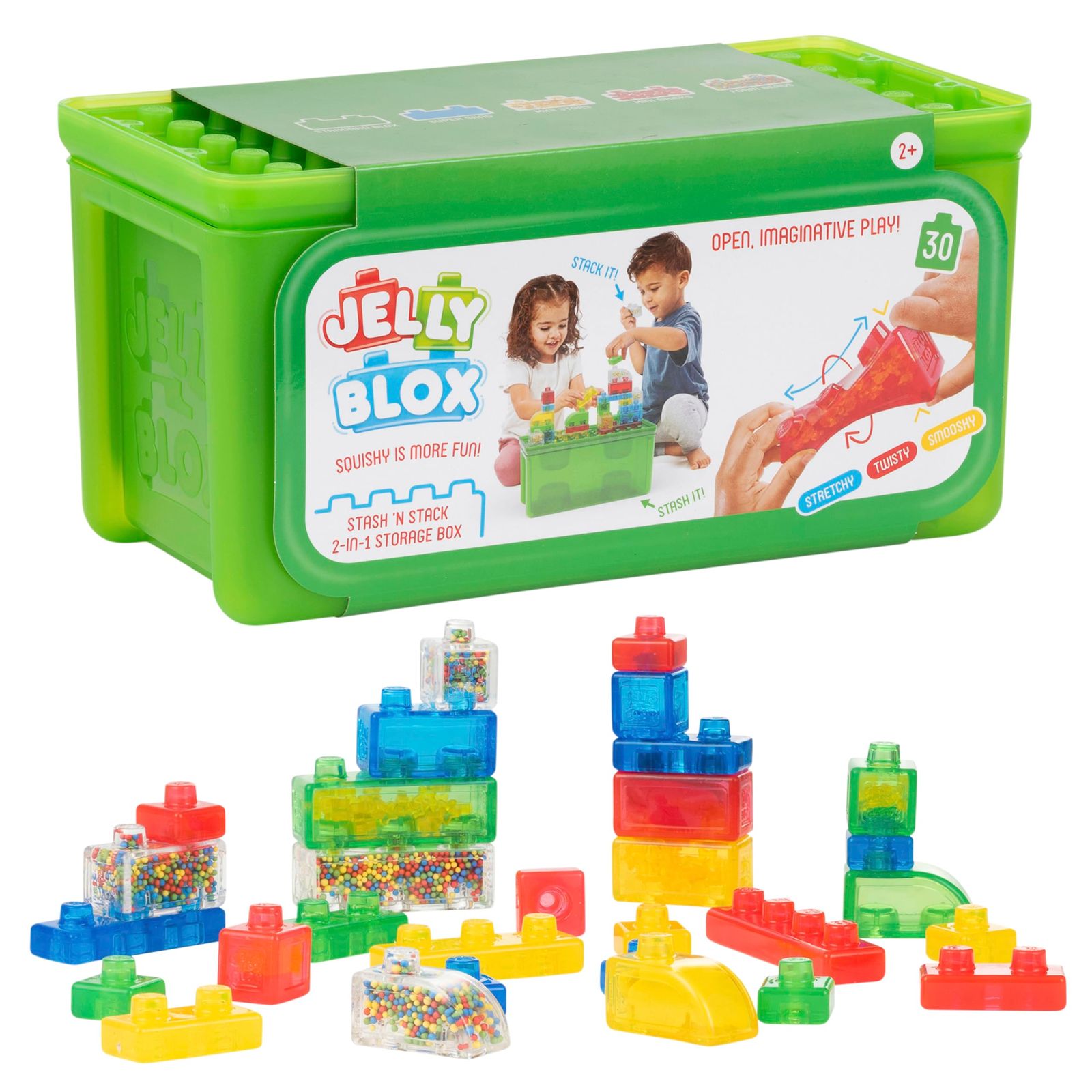 Jelly Blox Stash N Stack 2-in-1 収納ケース 30ブロック入り | 幼児-就学前の積み木 子供は握ったり伸ばしたりできます | 安全テスト済み - 痛くならない | 触覚 感覚遊び玩具 対象年齢2歳以上
