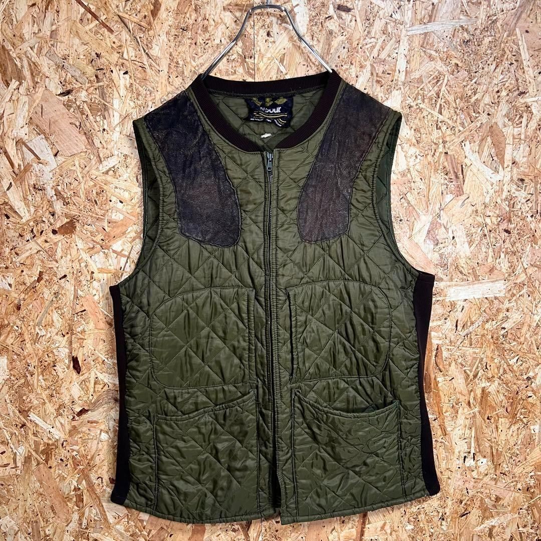90 s 英国製 バブワーBarbour キルティングベスト レザーガンパッチ