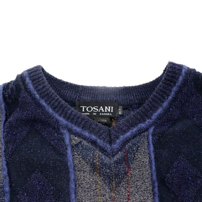 90s vintage TOSANI 総柄 Vネック 3D ニットセーター メンズ 表記XL 