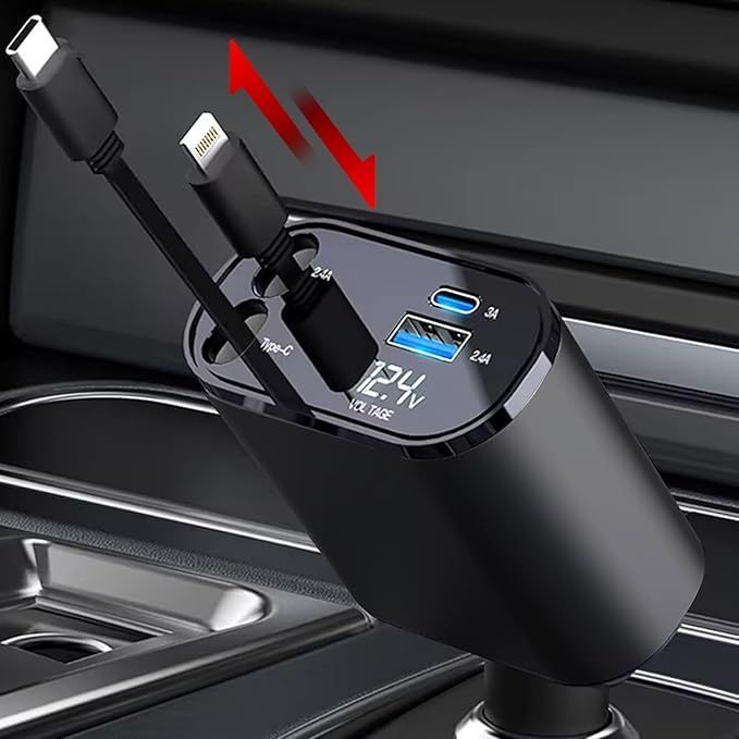 Beautytrees 車 シガーソケット 充電器 USB 巻き取り式ケーブル2本 4台同時に充電 Type-C100W Lightning20W急速 カーチャージャー 車載充電器 対応iphone16/iPhone 15/14/13/12