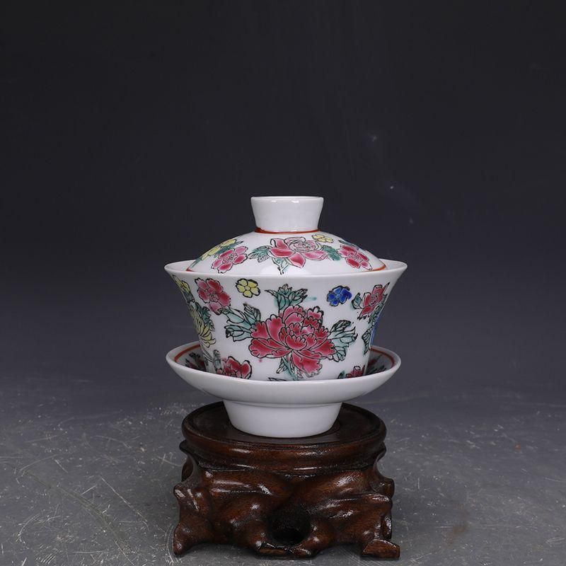 未使用品 中国茶器 粉彩白地万花図三才蓋碗 湯呑み 食器 茶器 茶道具