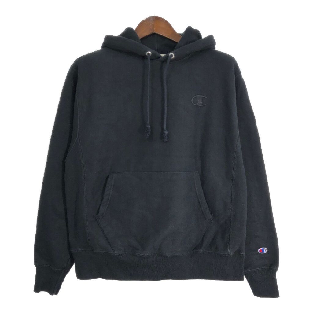 Champion チャンピオン REVERSE WEAVE リバースウィーブ スウェットパーカー ワンポイントロゴ ブラック (メンズ MEDIUM) 中古 古着 T1221