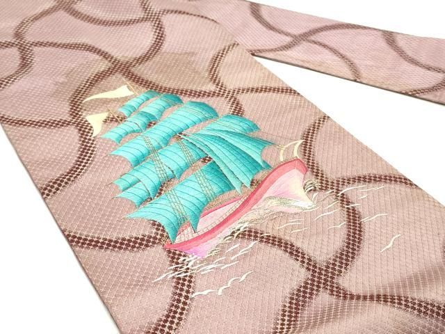 平和屋着物●アンティーク 大正ロマン 九寸名古屋帯 総手刺繍 立波帆船文 銀糸 正絹 DAAY0140ob