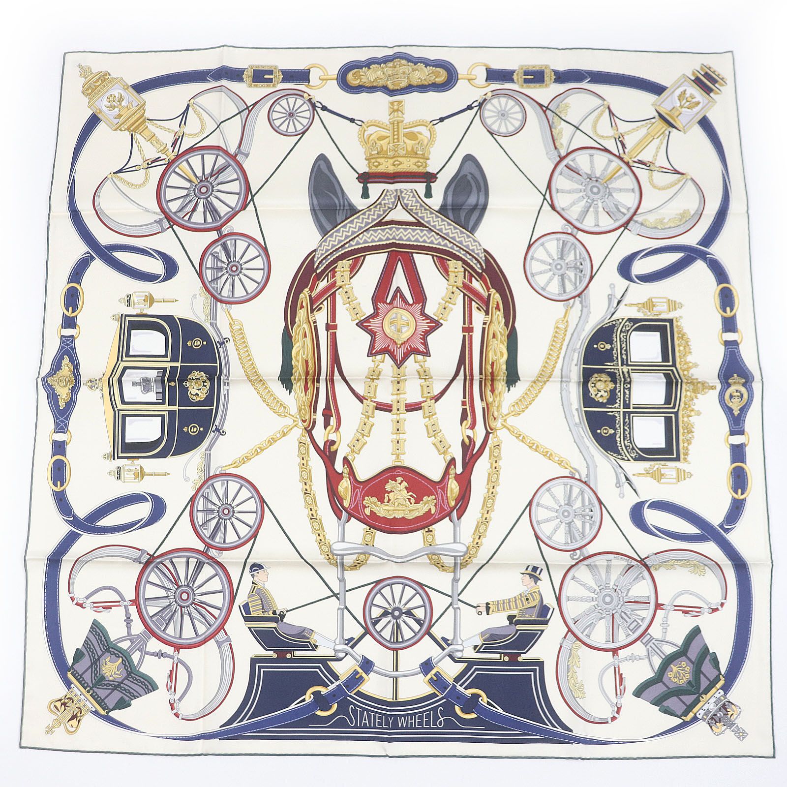 ♥品 HERMES エルメス カレ90 ステイトリー ホイールズ シルク100％ クレーム | ボルドー | ブルー 現行品 スカーフ き フランス製 レディース