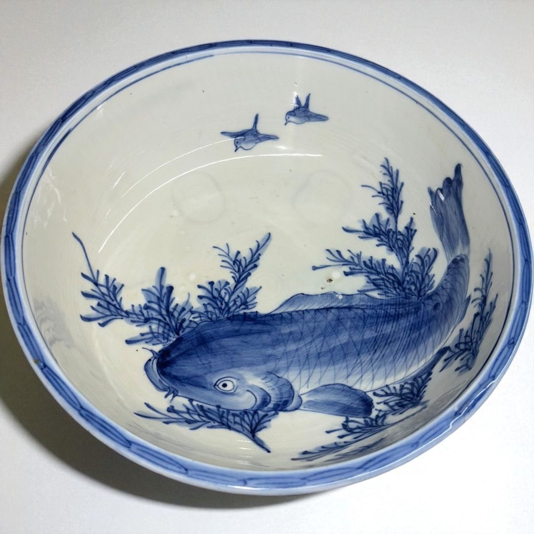 某有名骨董屋買取品 大きな錦鯉 染付 手描き 大鉢 飾り鉢 コレクション インテリア 手描き 明治 江戸 和食器