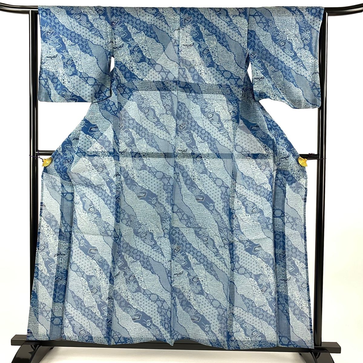 小紋 身丈158.5cm 裄丈63.5cm S 薄物 絹紅梅 扇面 草花 本藍瓶染 藍色 正絹 名品 【】