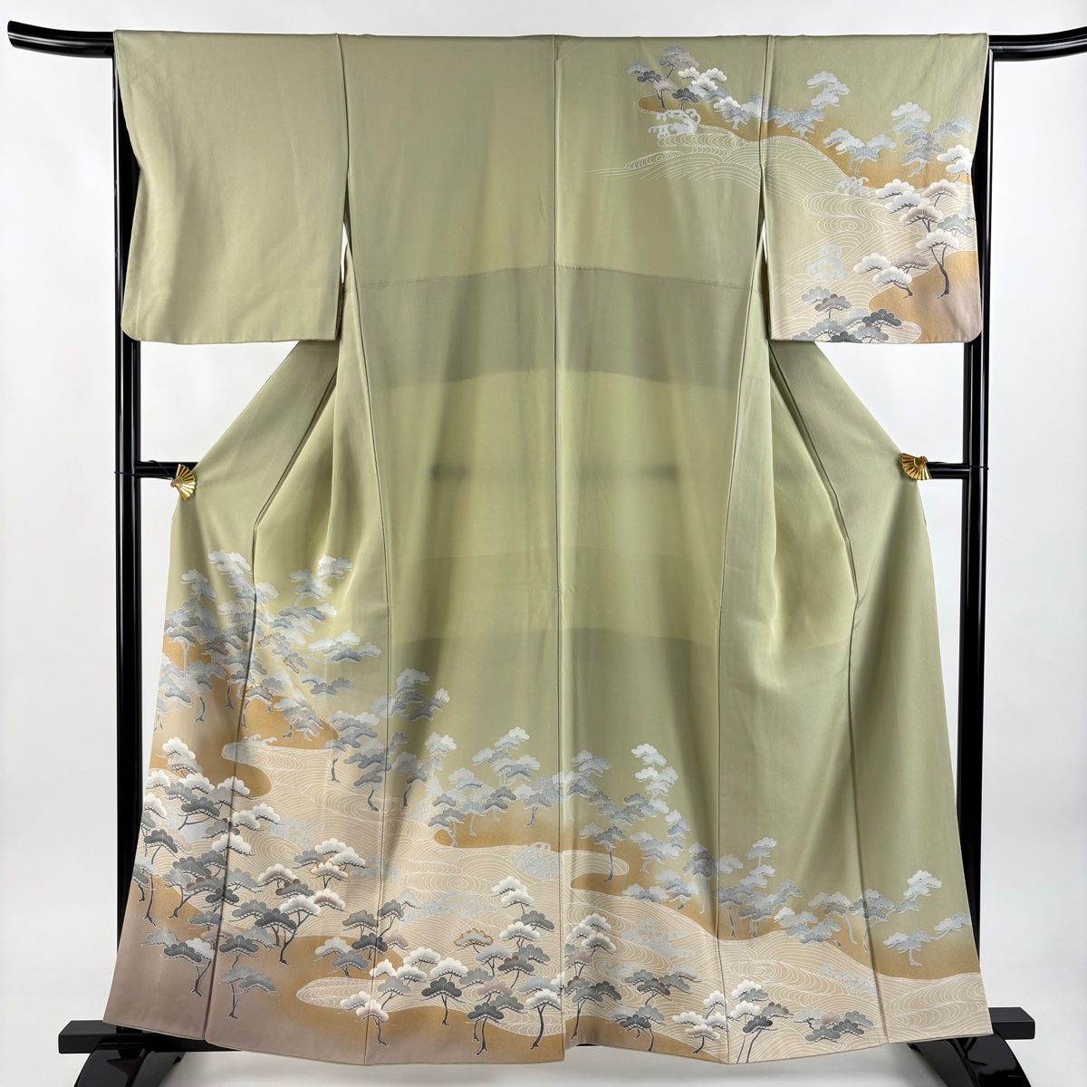 訪問着 身丈160.5cm 裄丈65cm M 袷 松 波頭 金糸 金彩 灰緑 正絹 秀品