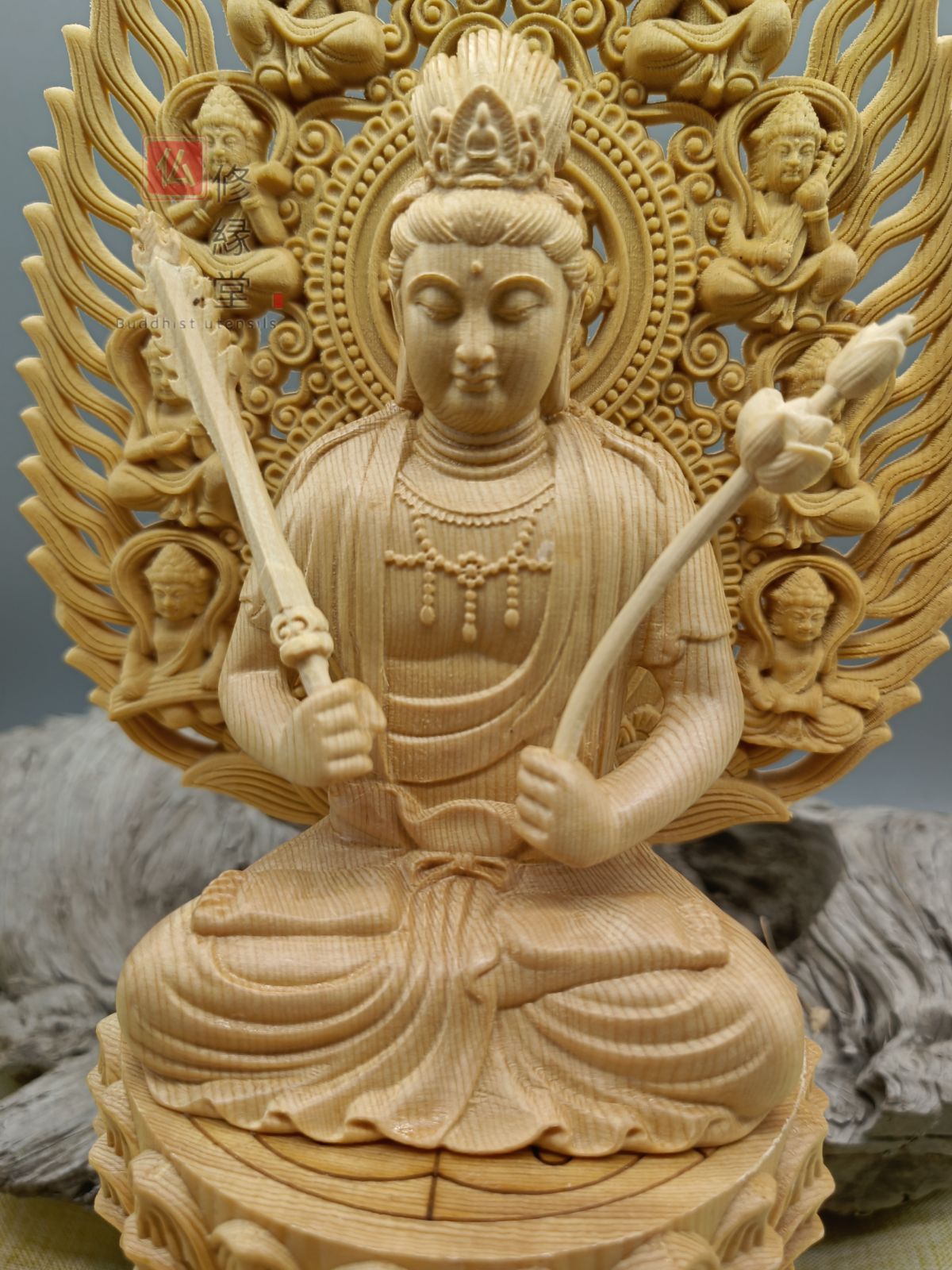 修縁堂】木彫り 仏像 虚空蔵菩薩座像 彫刻 一刀彫 天然木檜材 仏教