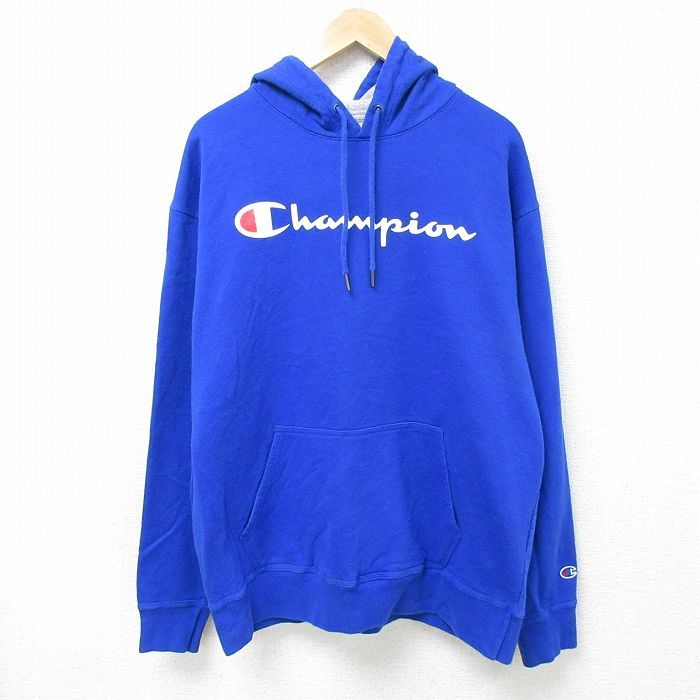 XL/古着 チャンピオン Champion 長袖 スウェット パーカー メンズ ビッグロゴ 青 ブルー 24dec18 中古 スエット トレーナー トップス