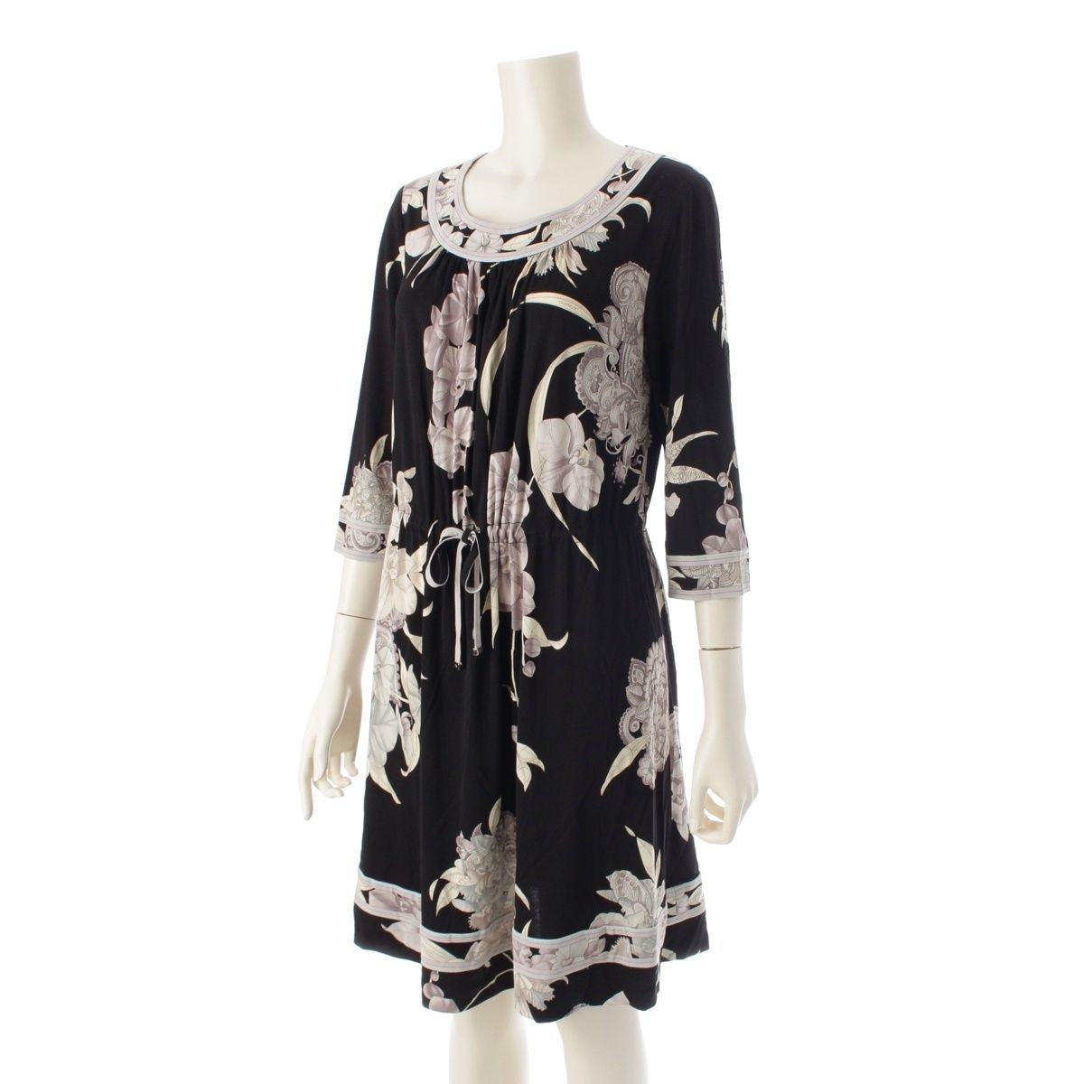 レオナール アセテート×ポリエステル カンカン ドローコード フラワー 花柄 総柄 ワンピース 0140203 ブラック グレー 38