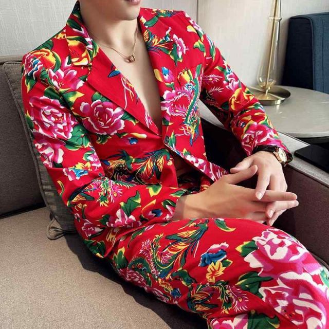 種類21：5XL/C：赤スーツ 秋冬 コーデ メンズ  服 シンプル ファッション オシャレ 大人 かっこいい 大きいサイズ ストリート 紳士服  プリント レディース 赤 スーツ 花 ジャケット アウター 