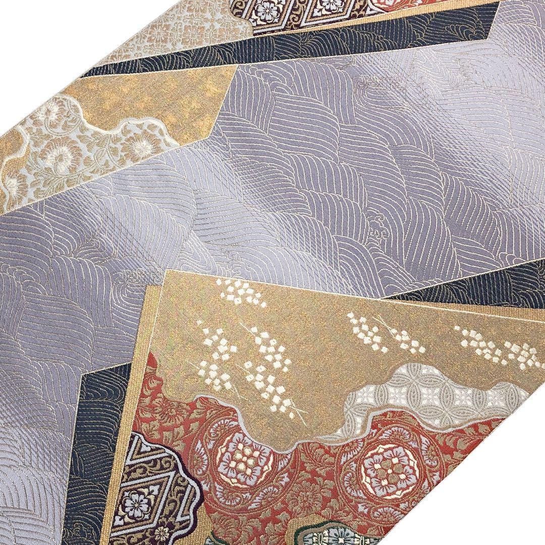 袋帯 小森草木染工房 小森久 歌仙裂取り 波に華柄模様 淡藤色 O-4841