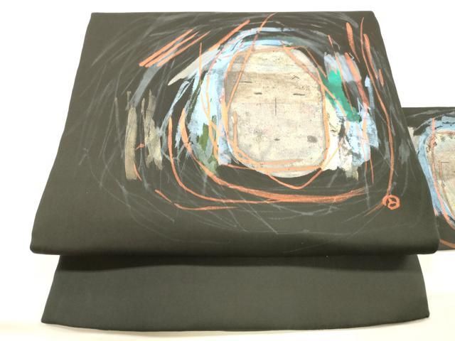 平和屋着物●塩瀬 九寸名古屋帯 手描き 顔 面貌 黒地 銀彩 正絹 DAAX0334cm