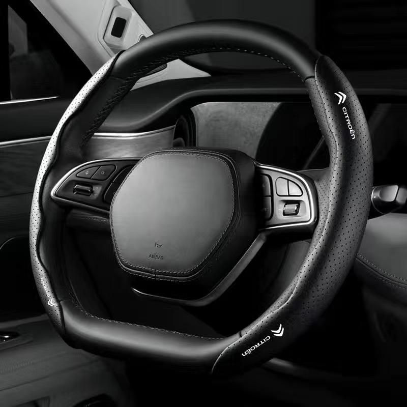 【新品未使用】シトロエン CITROENブラックハンドルカバー ハンドル保護 専車ロゴ ステアリングカバー レザー 滑り止め D型 O型 分割 タイプ 2本セット aacn qtm