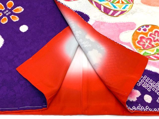 七五三 着物 7歳 フルセット 正絹 金彩加工 本絞り 四つ身の子供着物と結び帯 コーディネートセット 紫 二つ鞠 IYS1009f21PP