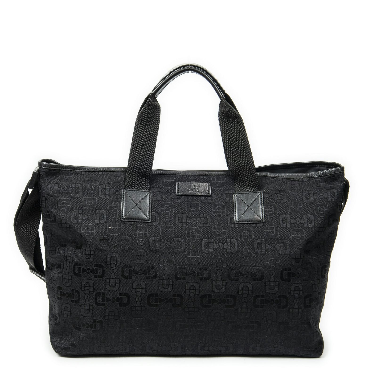 GUCCI グッチミディアムソフトショッピングトート黒ホースビットプリントグキャンバスA