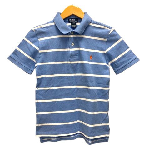 ポロ バイ ラルフローレン Polo by Ralph Lauren ポロシャツ カットソー コットン ボーダー ロゴ刺繍 半袖 M 水色 ライトブルー