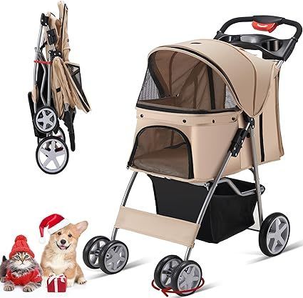 【在庫処分】ペットカート 犬カート Azaeahom 小型犬 バギー 猫 ワンタッチ折りたたみ式 耐荷重15kg 4輪 軽量 組み立て簡単 コンパクト 前輪360 ブレーキ付き 犬用カート 多頭 収納ホルダー付き 