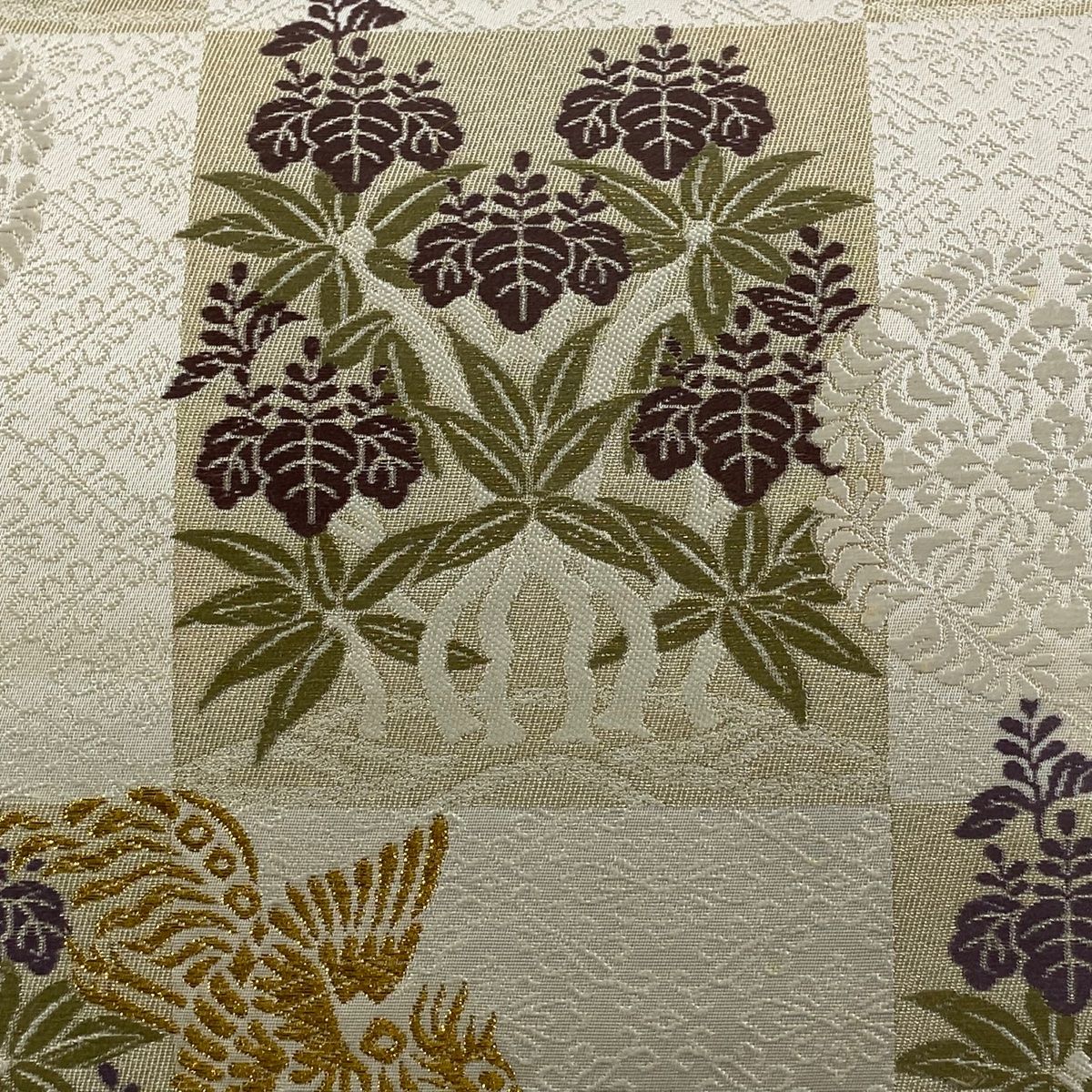 袋帯 落款 篠屋宗兵衛 市松 花鳥 唐織 箔 クリーム 全通 正絹