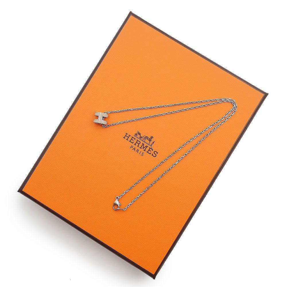 エルメス ポップアッシュ ミニ ポップ H ペンダント ネックレス マロングラッセ ベージュ シルバー金具 HERMES ♥品