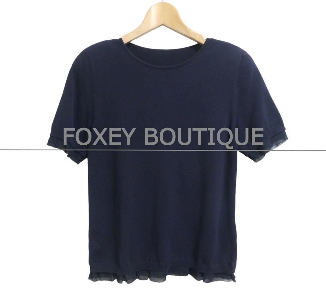 FOXEY BOUTIQUE フォクシーブティック ニット セーター カットソー クルーネック 半袖 裾フリル チュール フェイクレイヤード ネイビー サイズ38 レディース 11,396円