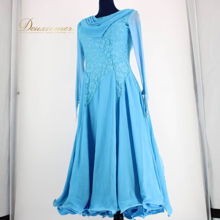 【美品 社交ダンス衣装】鮮やかブルー×フリル プリマブティック ドレス 社交ダンス 衣装 スタンダード ドレス ワンピース パーティー prima