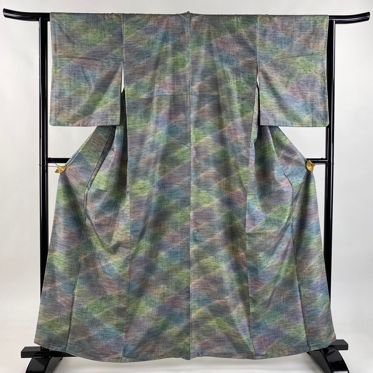 小紋 身丈161cm 裄丈63cm S 袷 紬地 やまと 菱格子 ぼかし 灰紫 正絹