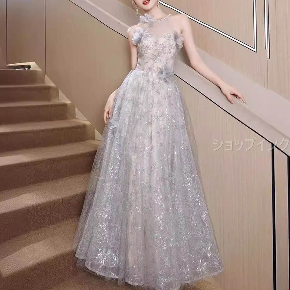 ドレス ロング ドレス 二次会 パーティードレス 編み上げ 花嫁 ウェディングドレス ウエディング 結婚式 演奏会 ホルダーネック ビジュー きらきら Aライン