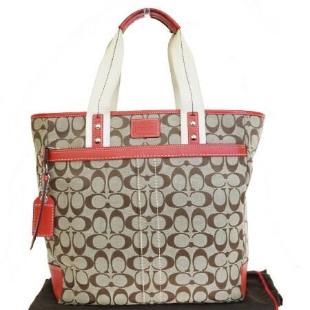 【中古】 コーチ COACH シグネチャー トートバッグ ベージュ レッド キャンバス レザー 保存袋付き 09345 03JA153