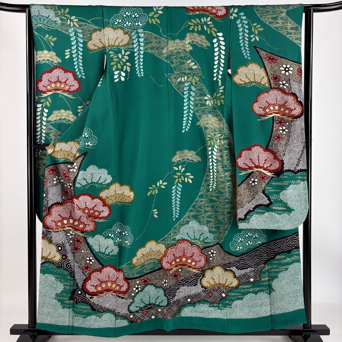 振袖 身丈157cm 裄丈64cm M 袷 笠松 几帳 絞り 金糸 緑 正絹 名品