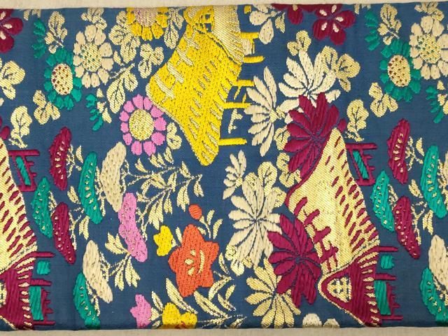 平和屋着物○九寸名古屋帯 唐織 市松葡萄蔦の葉文 正絹