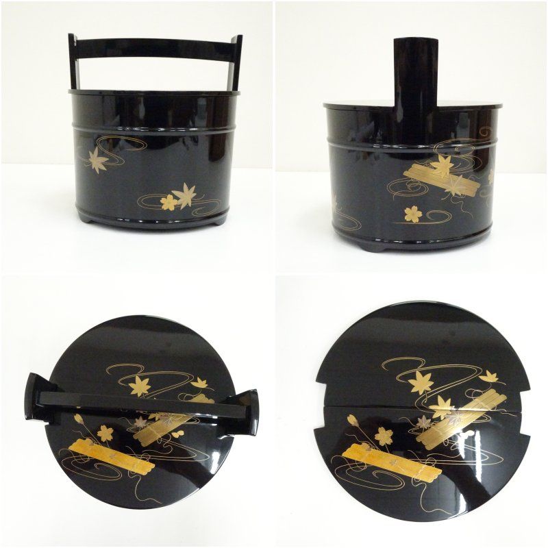 塗師 茶平一斎 真手桶水指 共箱 茶道具 塗師 茶平一斎造 輪島塗 花筏蒔絵真塗手桶水指（共箱） 水指し 茶道