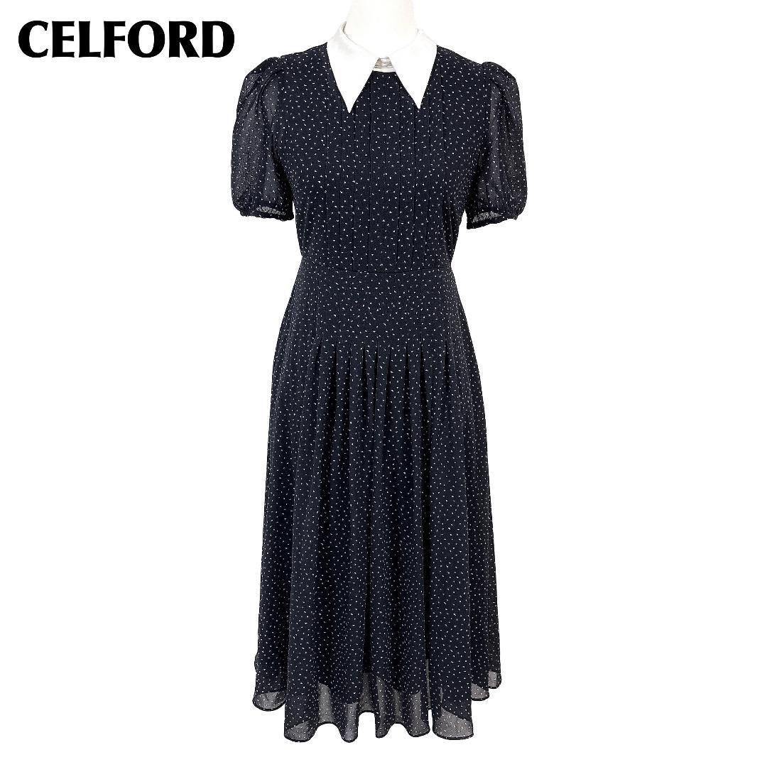 CELFORD 半袖ワンピース とろみ 36 ブラック △ドット総柄