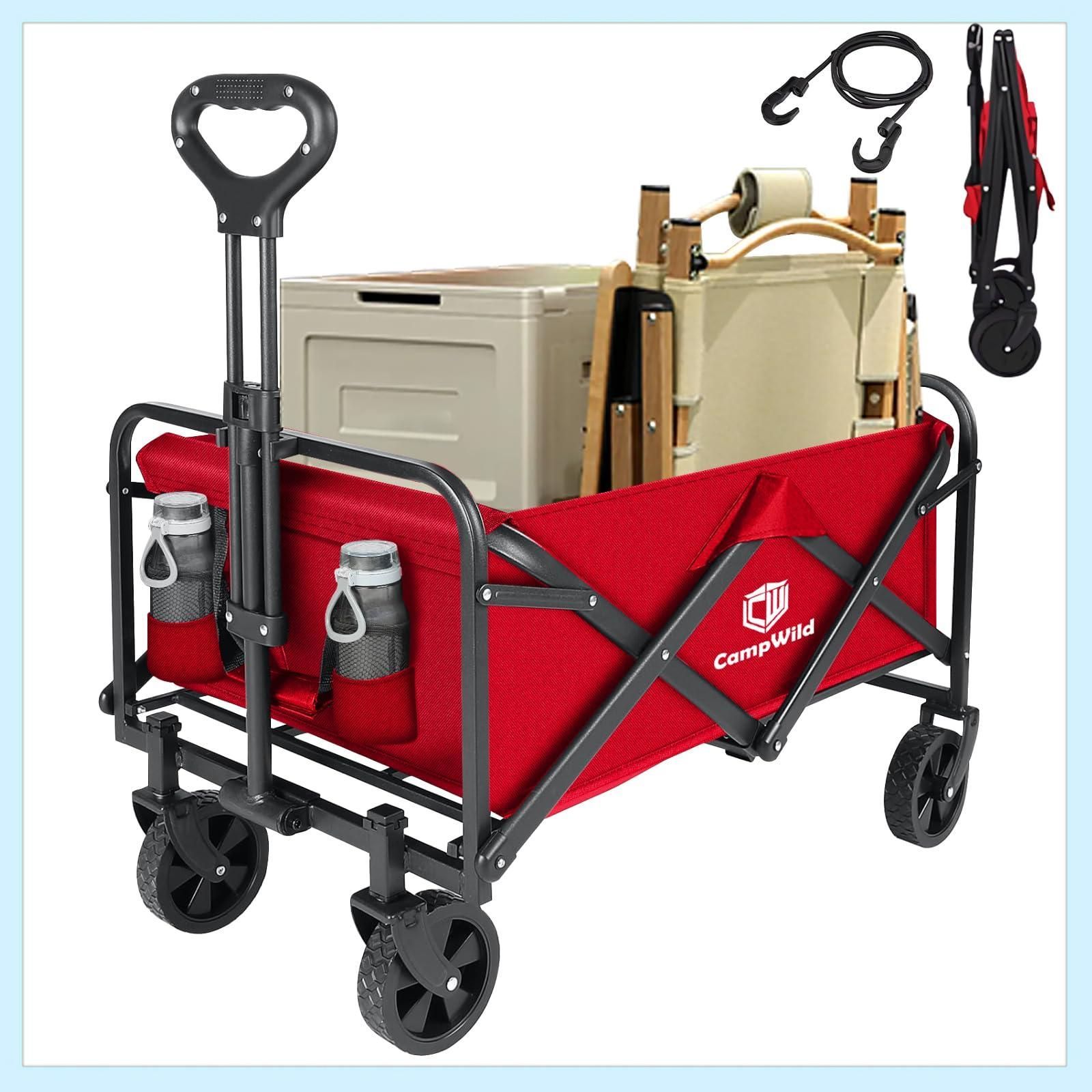 CampWild キャリーワゴン折りたたみ式キャリーカート アウトドア用キャリーワゴン 軽量 大容量100L 耐荷重100kg 収納ポケット付 コンパクト ワンタッチ 持ち運び便利 (赤色)