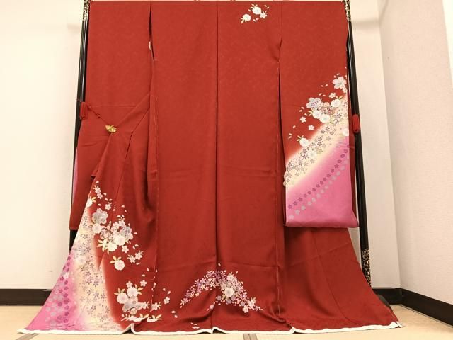 豪華振袖一式　極美品　落ち着いた深い真紅　パステルぼかし染め　梅舞桜　正絹地紋 豪華振袖一式 極美品 落ち着いた深い真紅 パステルぼかし染め 梅舞桜
