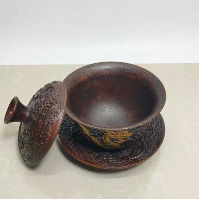 銅器 中国茶器 龍鳳呈祥銅?金三才蓋碗 茶碗 カップ 工芸品 置物