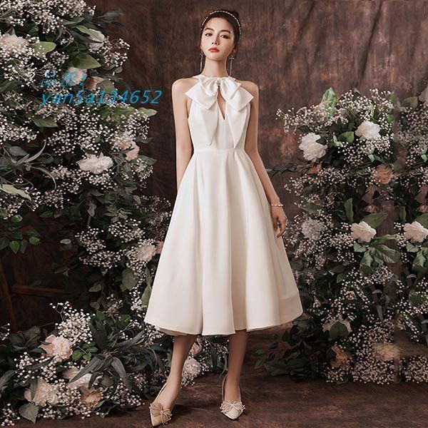 ミモレドレス ひざ下丈ドレス 演奏会 ピアノ 発表会 ホルターネック ファスナー 小さいサイズ ノースリーブ 袖なし 大人 ミディアムドレス yan5a134652