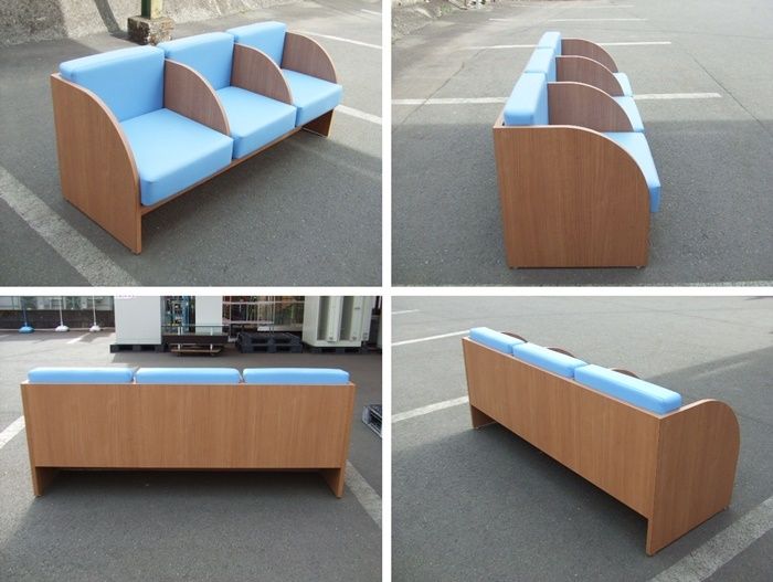 ３人掛けロビーチェア 全席肘仕切り付き 右側面に傷あり ライトブルー ビニールレザー張り 長イス ベンチ F-DC-076-0216A