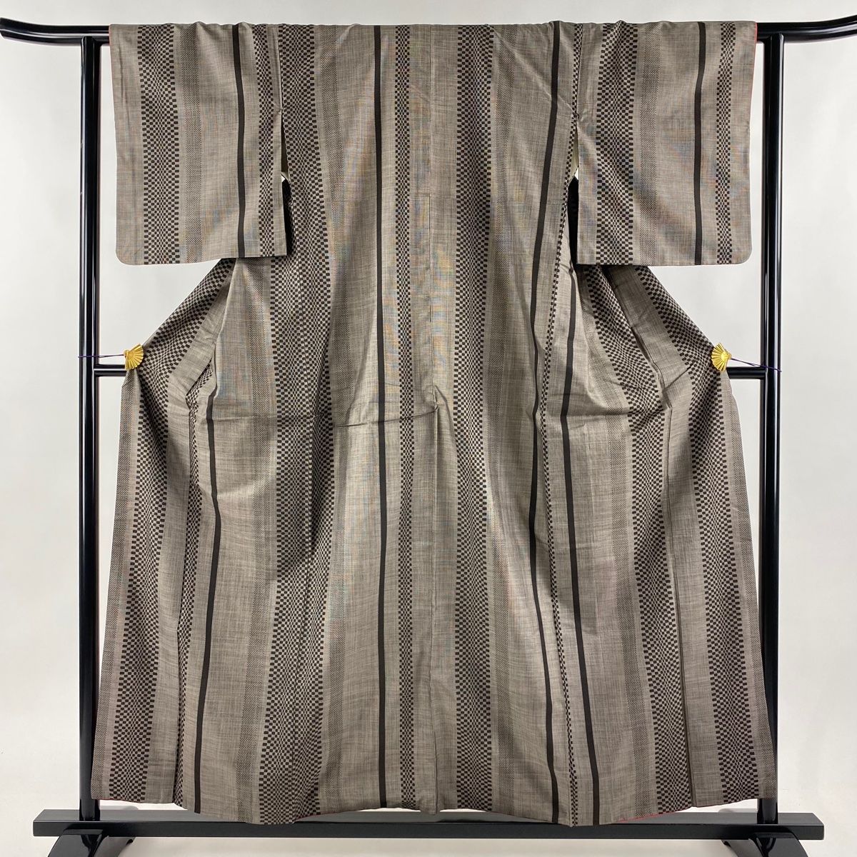 紬 身丈160cm 裄丈63cm S 薄物 夏黄八 証紙 縞 焦茶色 正絹 美品 逸品  