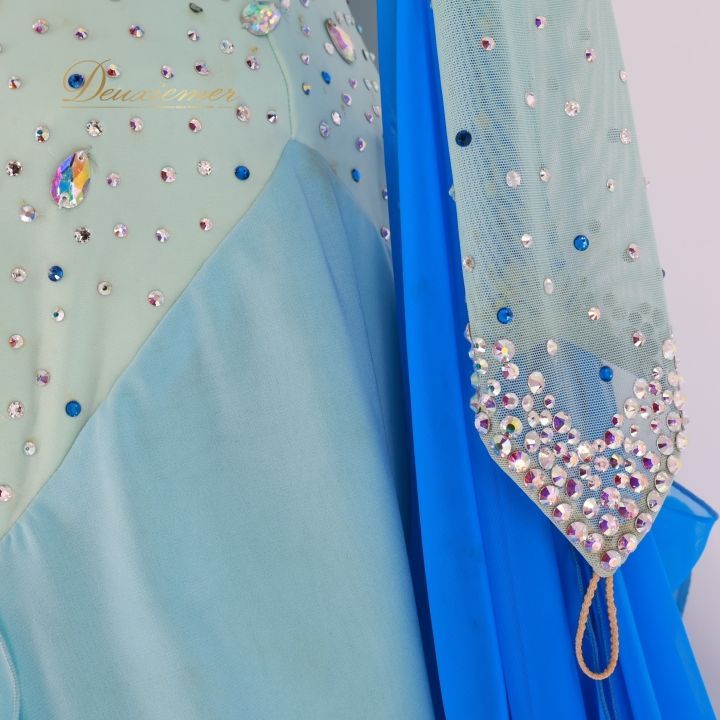 社交ダンス 衣装 スタンダードドレス スタンダード ドレス ドレス ワンピース フロート サンヨシムラ 水色 青 ブルー系 フリル デモ 競技 パーティ 発表会 モダンダンス コスチューム ステージ衣装 ダンス発表会 おしゃれ レディース