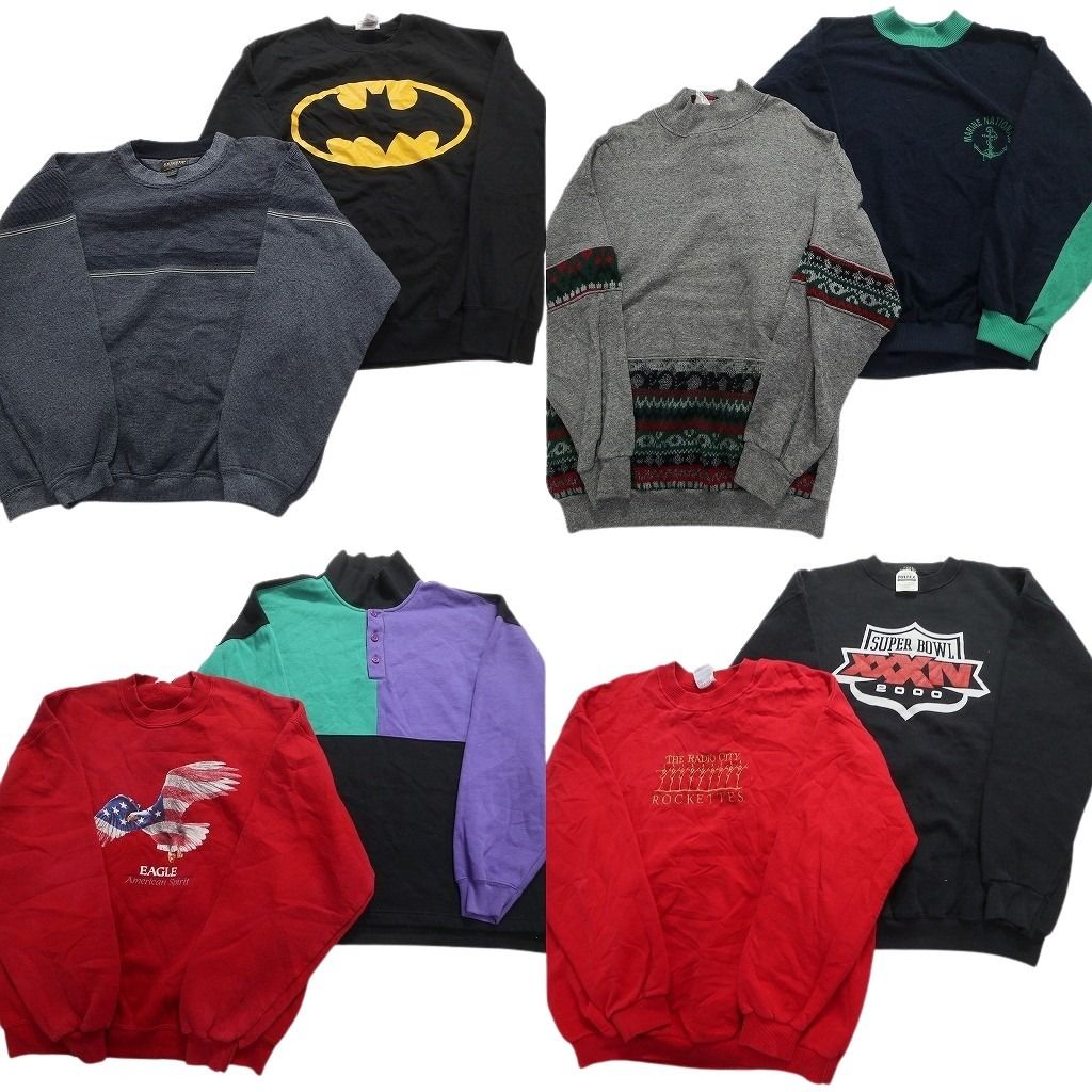 古着卸 まとめ売り カラー スウェット 丸首 8枚セット (メンズ L ) トライカラー ハーフボタン イーグル ワンポイント バットマン MW7121