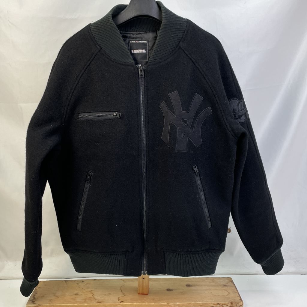 01w-5323 NEIGHBORHOOD × A BATHING APE ネイバーフッド×アベイシングエイプ スタジャン ヤンキース ブラック サイズM メンズ ウール 品