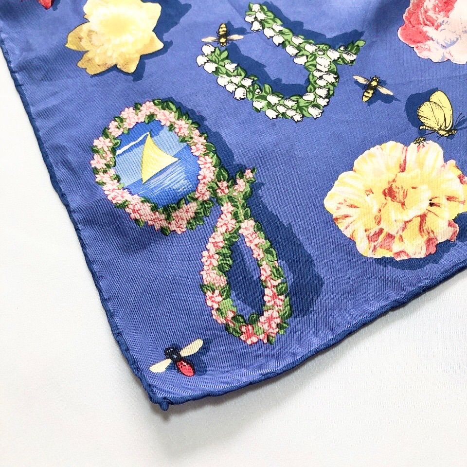 GUCCI グッチ ミニスカーフ 42×42 フローラ 花柄 ロゴ ブルー系 総柄