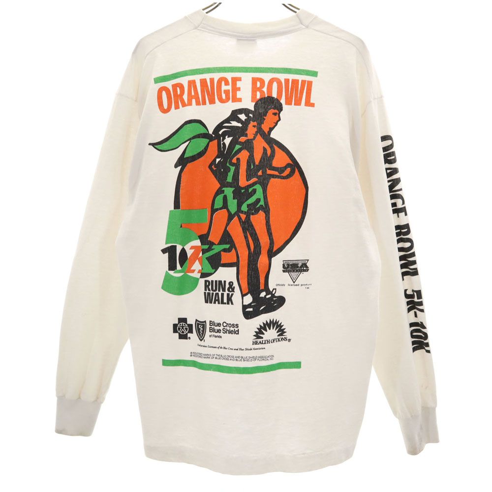 フルーツオブザルーム 90s USA製 オールド 袖プリ バックプリント 長袖 シングルステッチ Tシャツ L ホワイト FRUIT OF THE LOOM BEST ロンT ORANGE BOWL メンズ