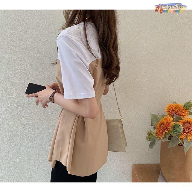 カットソー 半袖 ビスチェ風 レディース バイカラー ツートンカラー ラウンドネック プルオーバー ドッキング トップス 女性 婦人 M L XL 2 カットソー 半袖 ビスチェ風 レディース バイカラー ツートン