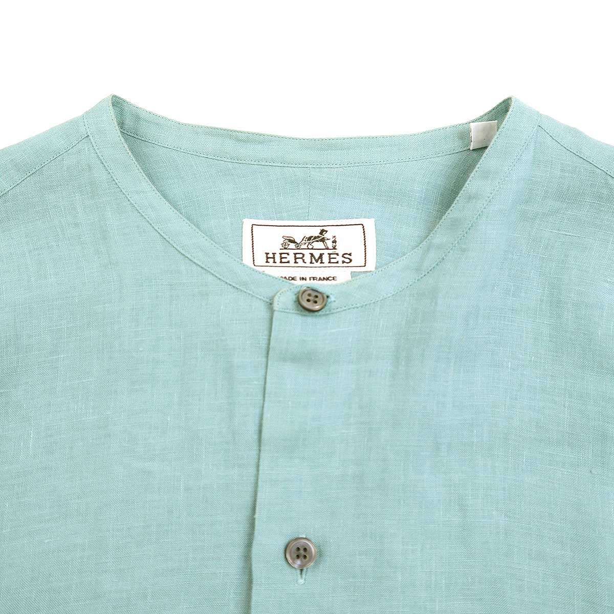HERMES エルメス 22SS リネンバンドカラーシャツ ターコイズ