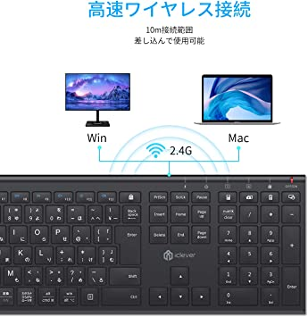 Black iClever キーボード ワイヤレス 無線2.4G 日本語JIS配列 超薄型