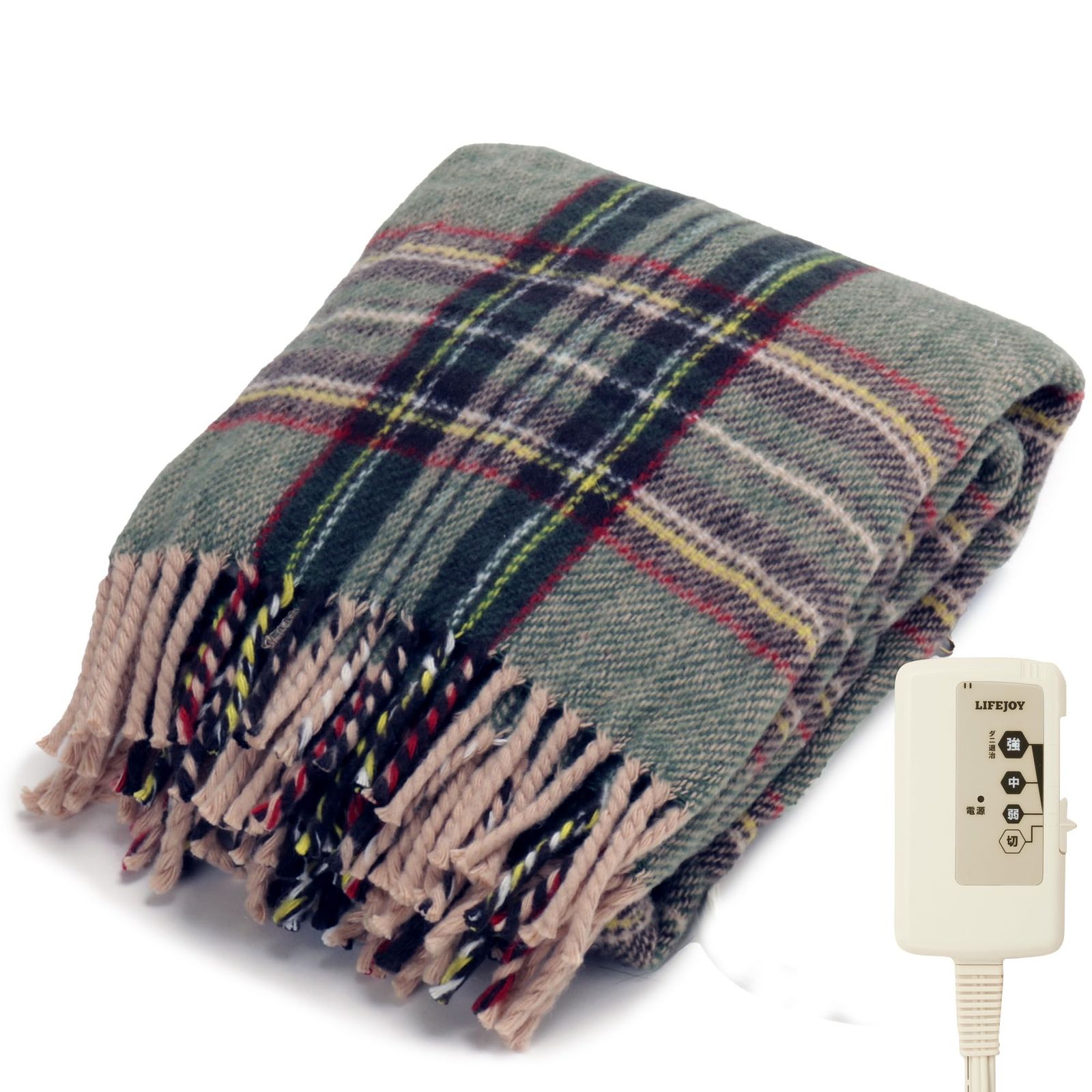 ライフジョイ 電気ひざ掛け 日本製 グリーン チェック柄 120cm×62cm 電気毛布 洗える ブランケット ふわふわ あったか JPN121GC